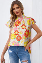 Load image into Gallery viewer, Floral Frill Neck Smocked Flutter Sleeve Blouse Ti Amo I love you
