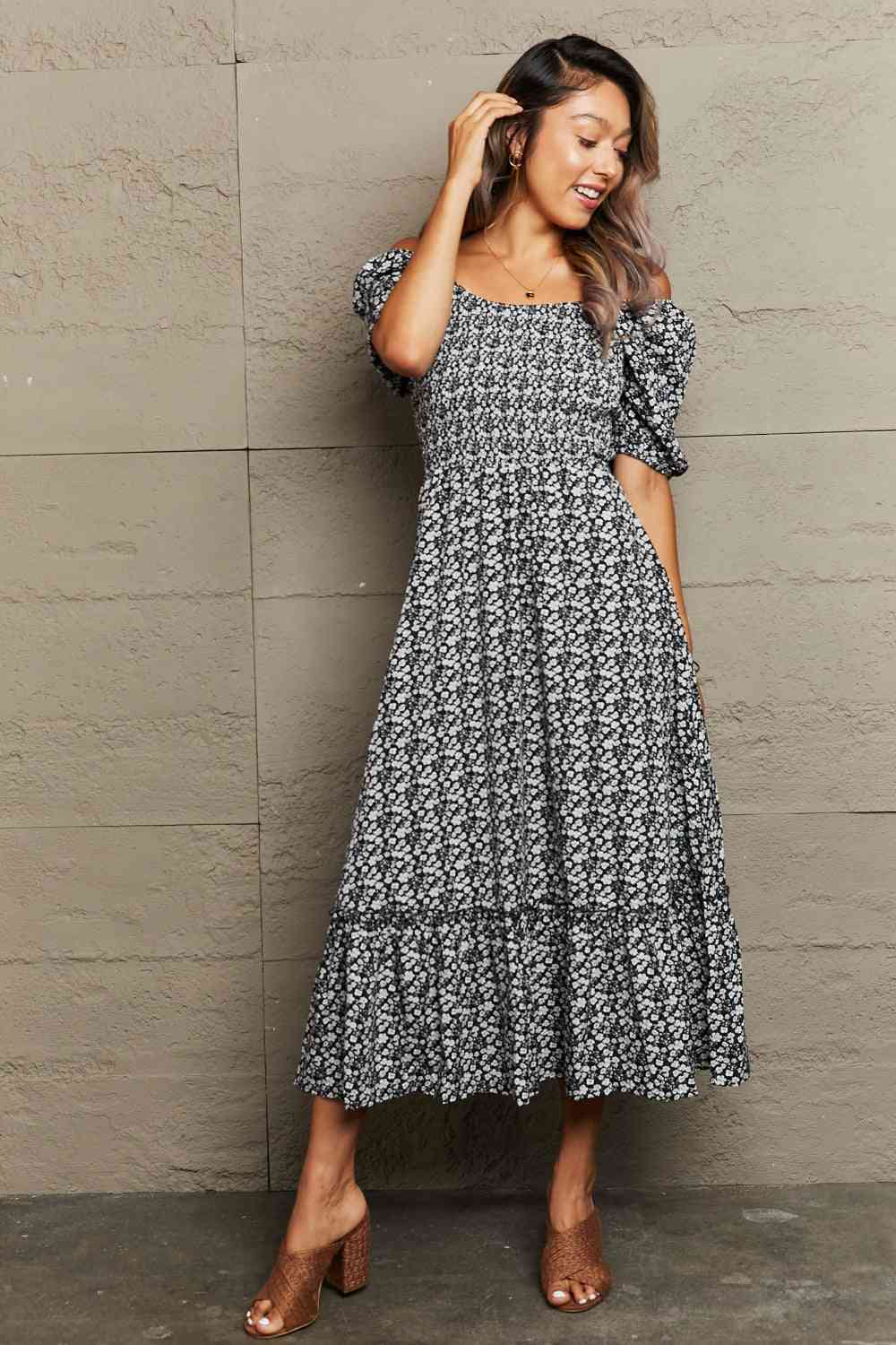 Floral Lace-Up Off-Shoulder Midi Dress Ti Amo I love you