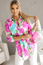 Load image into Gallery viewer, Floral Print Lace-up Roll Tab Sleeve Tunic Shirt Ti Amo I love you
