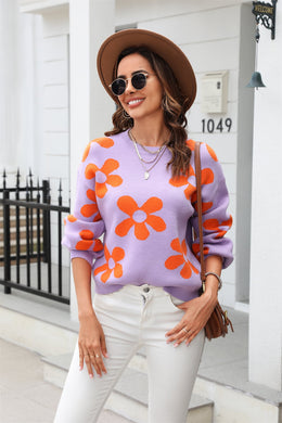 Floral Print Round Neck Dropped Shoulder Pullover Sweater Ti Amo I love you
