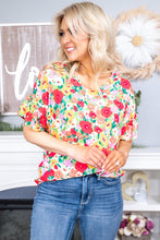 Load image into Gallery viewer, Floral Print Ruffled Short Sleeve V Neck Blouse Ti Amo I love you
