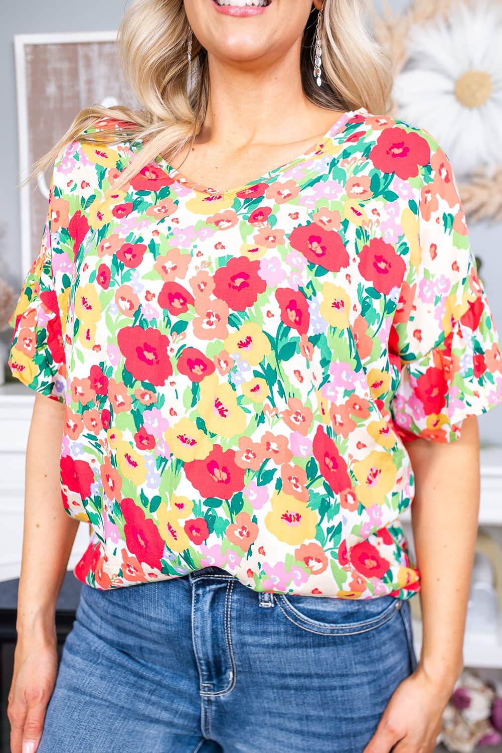 Floral Print Ruffled Short Sleeve V Neck Blouse Ti Amo I love you