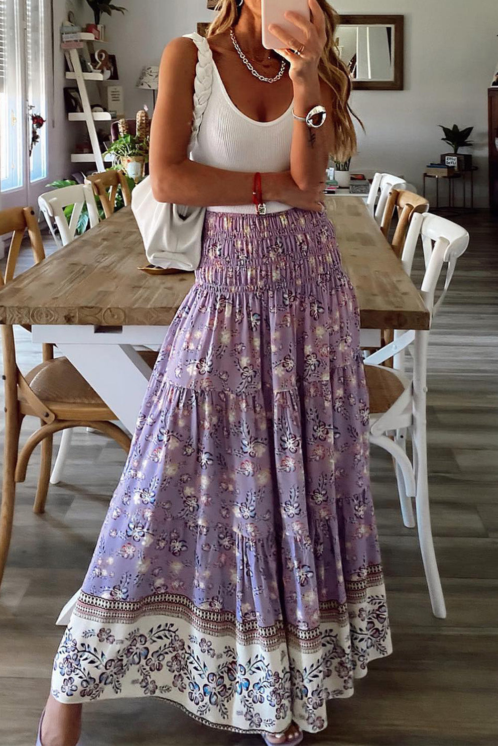 Floral Print Shirred High Waist Maxi Skirt Ti Amo I love you