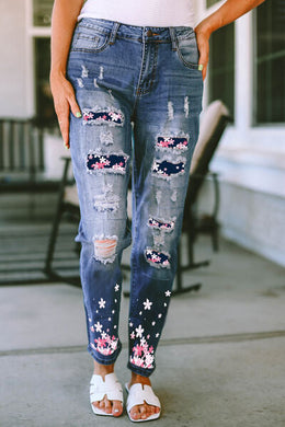 Flower Distressed Jeans with Pockets Ti Amo I love you