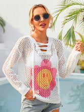 Load image into Gallery viewer, Flower Graphic Lace-Up Openwork Hooded Cover Up Ti Amo I love you
