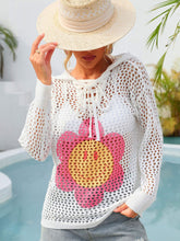 Load image into Gallery viewer, Flower Graphic Lace-Up Openwork Hooded Cover Up Ti Amo I love you
