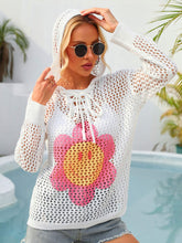 Load image into Gallery viewer, Flower Graphic Lace-Up Openwork Hooded Cover Up Ti Amo I love you
