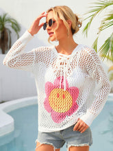 Load image into Gallery viewer, Flower Graphic Lace-Up Openwork Hooded Cover Up Ti Amo I love you
