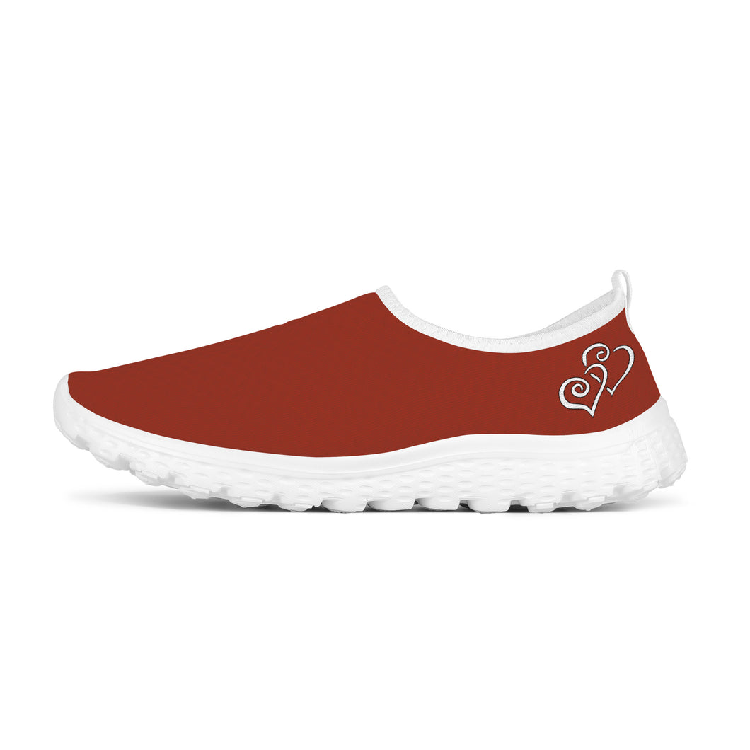 Ti Amo I love you - Exclusive Brand - Brick Red 2 - Double White Heart - Women's Mesh Running Shoes - White Soles