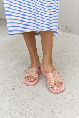 Forever Link Studded Cross Strap Sandals in Blush Ti Amo I love you