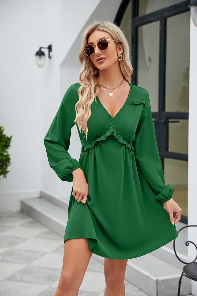 Frill Trim V-Neck Long Sleeve Dress Ti Amo I love you