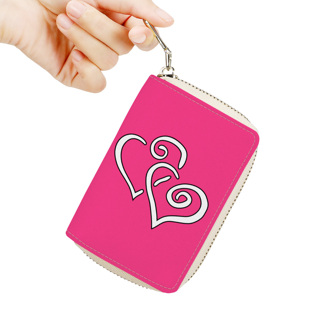 Ti Amo I love you - Exclusive Brand - Violet Red - Double White Heart - PU Leather - Zipper Card Holder