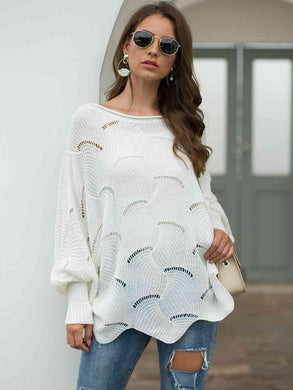 Full Size Boat Neck Lantern Sleeve Openwork Knit Top Ti Amo I love you