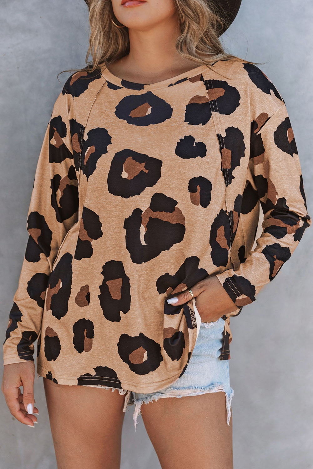 Full Size Leopard Print Round Neck Long Sleeve Tee Ti Amo I love you