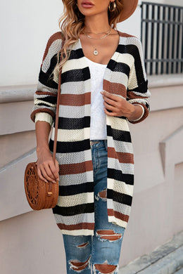 Full Size Striped Long Sleeve Openwork Cardigan Ti Amo I love you