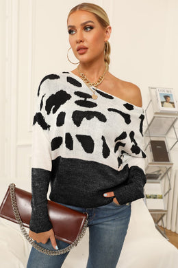 Full Size Two-Tone Boat Neck Sweater Ti Amo I love you