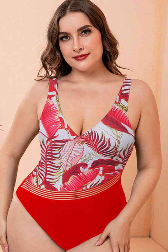Full Size Two-Tone Plunge One-Piece Swimsuit Ti Amo I love you