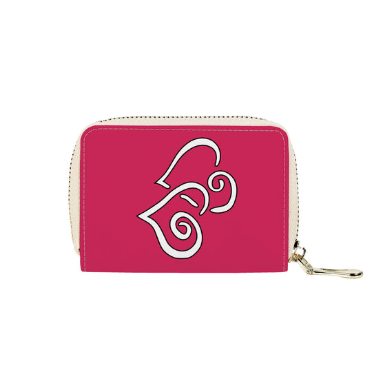 Ti Amo I love you - Exclusive Brand - Cerise Red 2 - Double White Heart - PU Leather - Zipper Card Holder