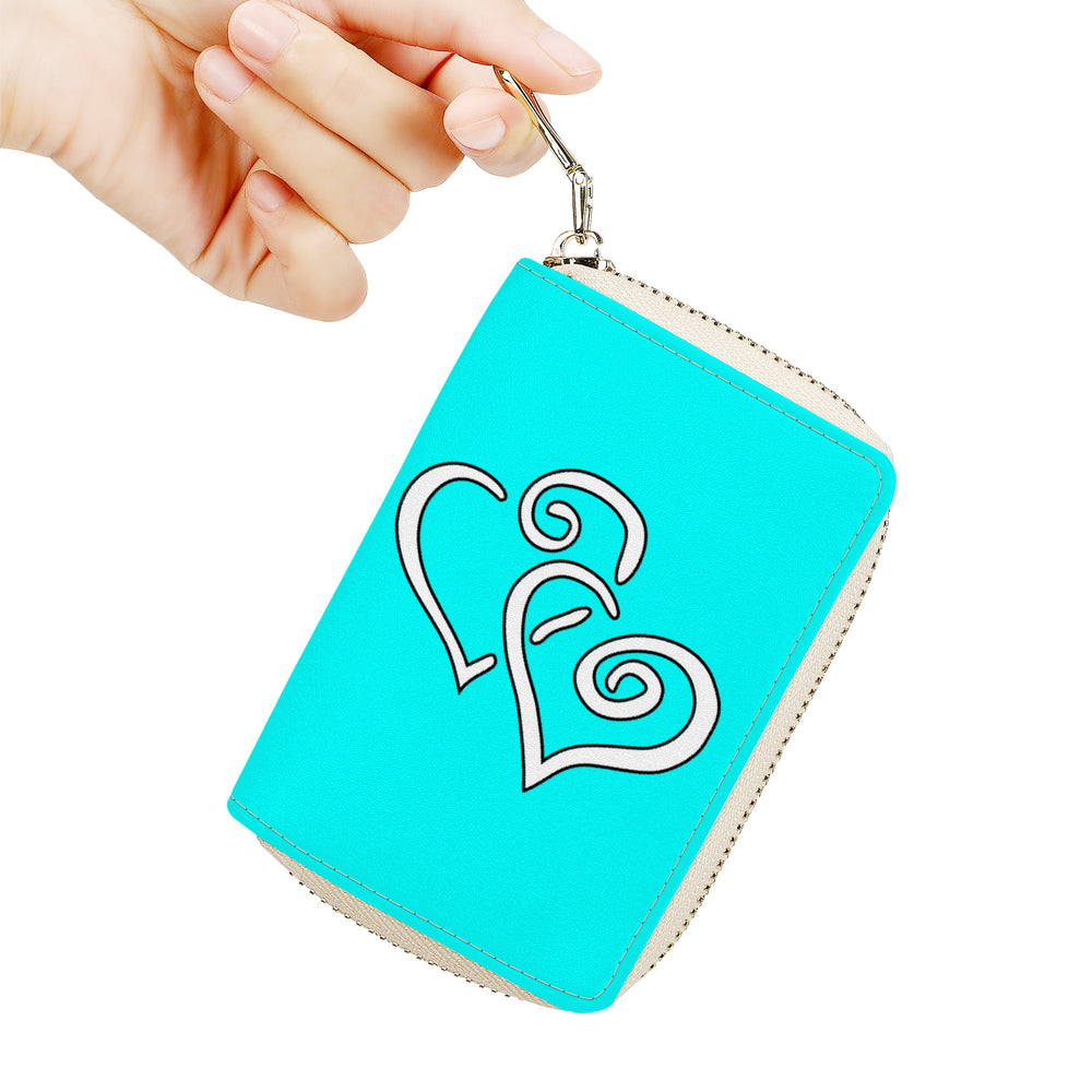 Ti Amo I love you - Exclusive Brand - Aqua / Cyan - Double White Heart - PU Leather - Zipper Card Holder