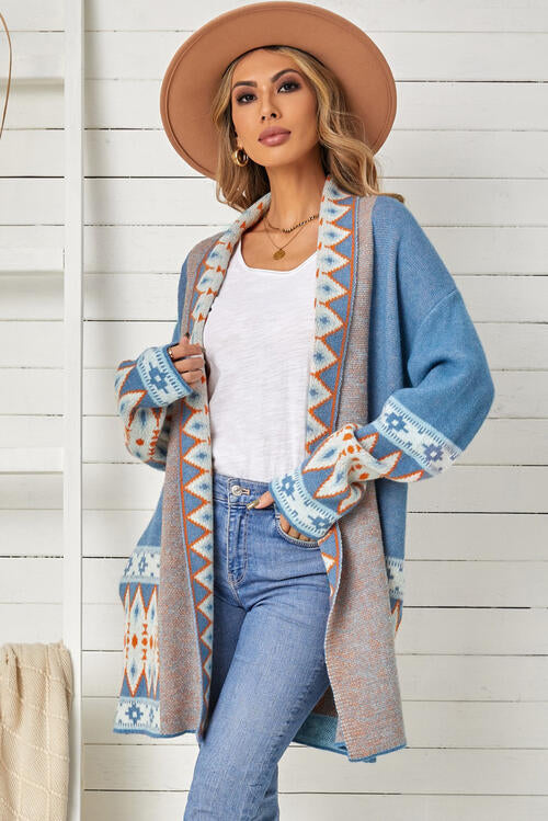 Geometric Open Front Long Sleeve Cardigan Ti Amo I love you