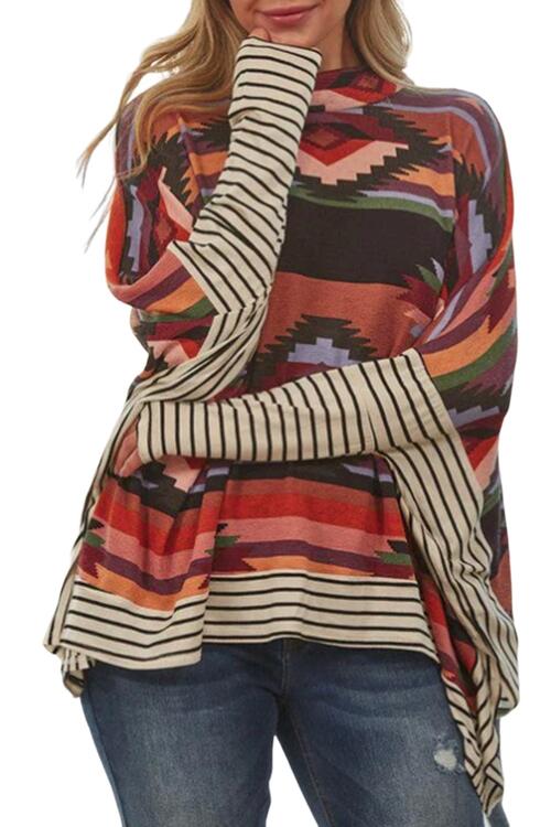 Geometric Striped Splicing Round Neck Blouse - Sizes S-L Left Ti Amo I love you