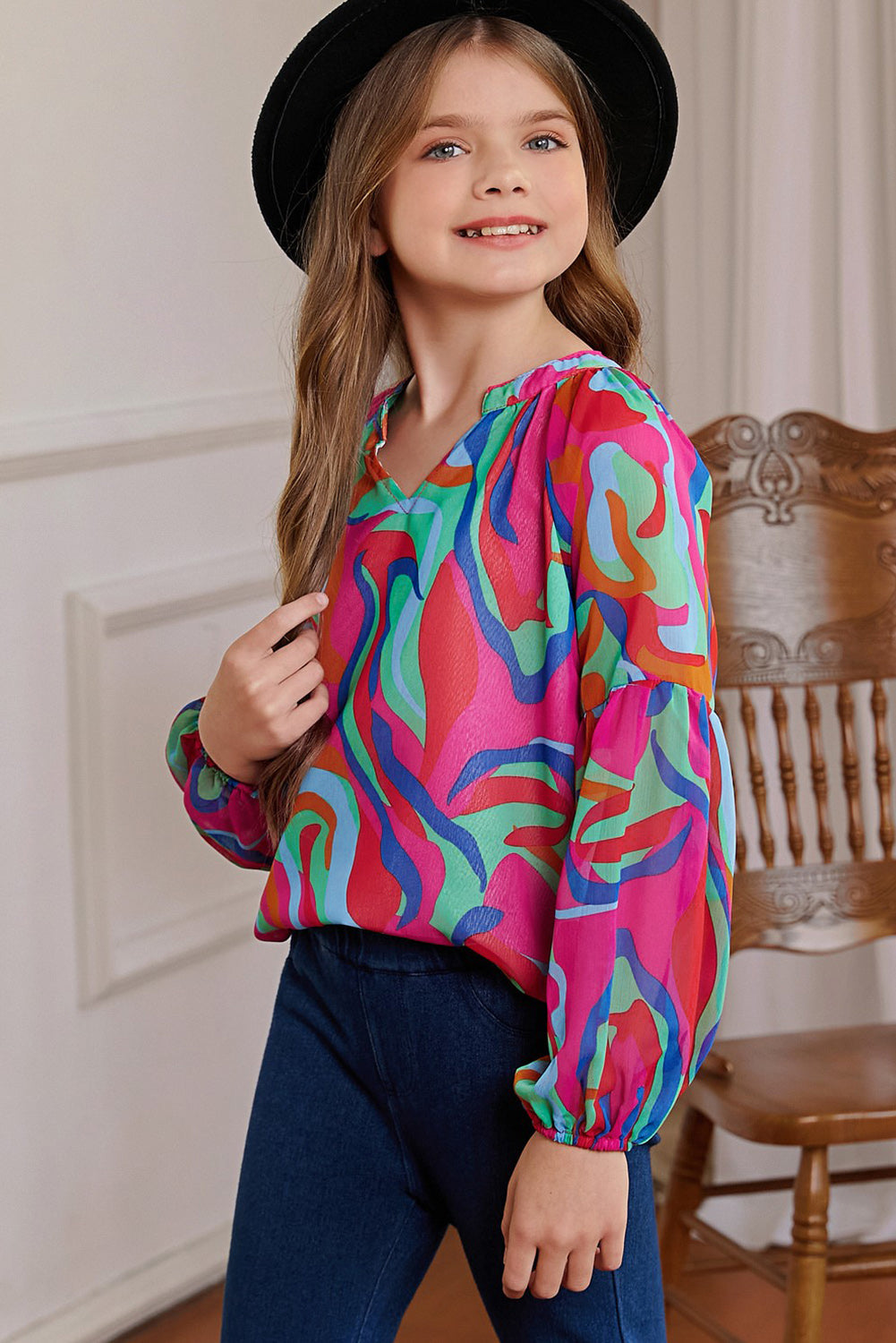Girls Printed Notched Neck Puff Sleeve Blouse Ti Amo I love you