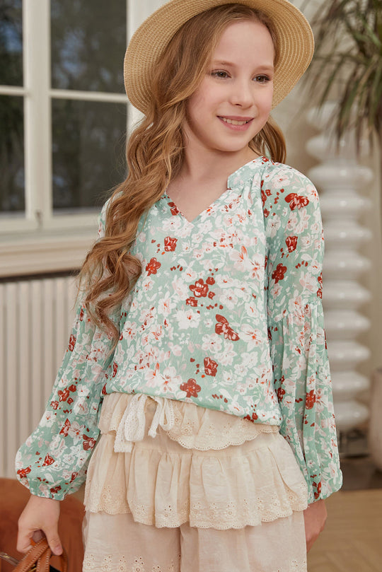 Girls Printed Notched Neck Puff Sleeve Blouse Ti Amo I love you