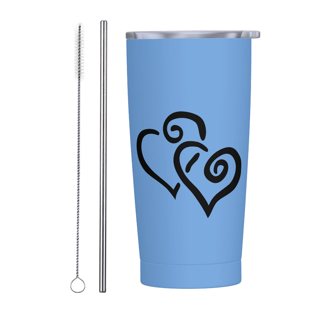 Ti Amo I love you - Exclusive Brand - Havelock Blue - Double Black Heart - 20oz Stainless Steel Straw Lid Cup