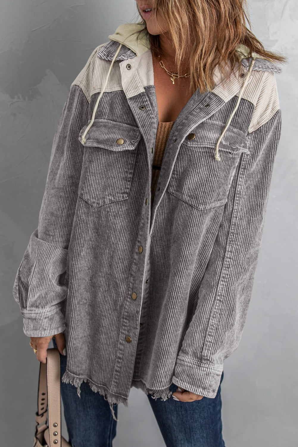 Gray Color Block Button Down Hooded Corduroy Jacket Ti Amo I love you