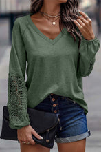 Load image into Gallery viewer, Gray or Green - Crochet Lace Patch Raglan Sleeve Top - Only Sizes S,M, XL Left Ti Amo I love you
