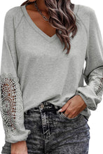 Load image into Gallery viewer, Gray or Green - Crochet Lace Patch Raglan Sleeve Top - Only Sizes S,M, XL Left Ti Amo I love you
