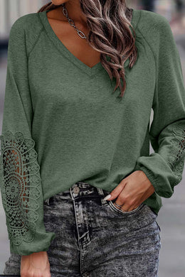 Gray or Green - Crochet Lace Patch Raglan Sleeve Top - Only Sizes S,M, XL Left Ti Amo I love you