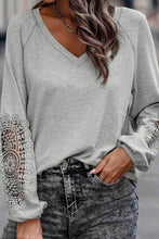 Load image into Gallery viewer, Gray or Green - Crochet Lace Patch Raglan Sleeve Top - Only Sizes S,M, XL Left Ti Amo I love you
