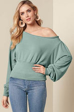 Load image into Gallery viewer, Green Off Shoulder Bishop Sleeve Cinched Waist Blouse Ti Amo I love you
