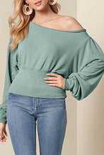 Load image into Gallery viewer, Green Off Shoulder Bishop Sleeve Cinched Waist Blouse Ti Amo I love you
