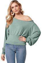 Load image into Gallery viewer, Green Off Shoulder Bishop Sleeve Cinched Waist Blouse Ti Amo I love you
