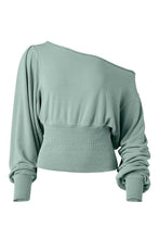 Load image into Gallery viewer, Green Off Shoulder Bishop Sleeve Cinched Waist Blouse Ti Amo I love you
