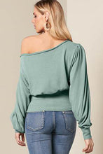 Load image into Gallery viewer, Green Off Shoulder Bishop Sleeve Cinched Waist Blouse Ti Amo I love you
