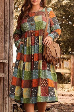 Green Printed Multicolor Western Checkered Plus Size Swing Dress Ti Amo I love you