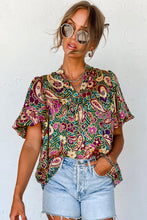 Load image into Gallery viewer, Green V Neck Short Bubble Sleeve Paisley Blouse Ti Amo I love you
