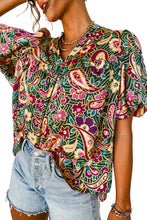 Load image into Gallery viewer, Green V Neck Short Bubble Sleeve Paisley Blouse Ti Amo I love you
