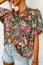 Load image into Gallery viewer, Green V Neck Short Bubble Sleeve Paisley Blouse Ti Amo I love you
