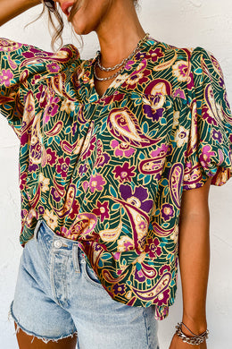 Green V Neck Short Bubble Sleeve Paisley Blouse Ti Amo I love you