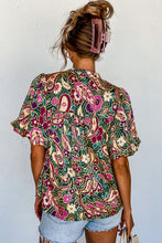 Load image into Gallery viewer, Green V Neck Short Bubble Sleeve Paisley Blouse Ti Amo I love you
