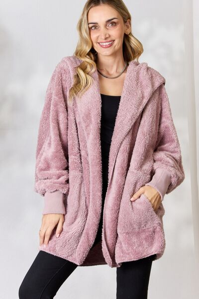 H&T Faux Fur Open Front Hooded Jacket Ti Amo I love you