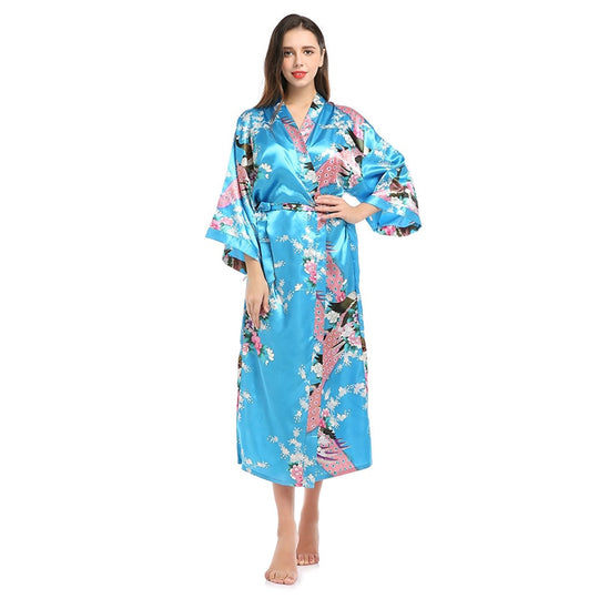 Womens Silk Satin Kimono Robes Long Sleepwear Dressing Gown Floral Peacock Printed Pattern Party Wedding Bridesmaid Bathrobe - Sizes S-XXXL