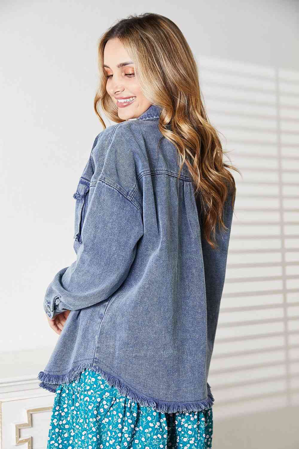 HEYSON Full Size Mineral-Washed Button-Down Denim Jacket Ti Amo I love you