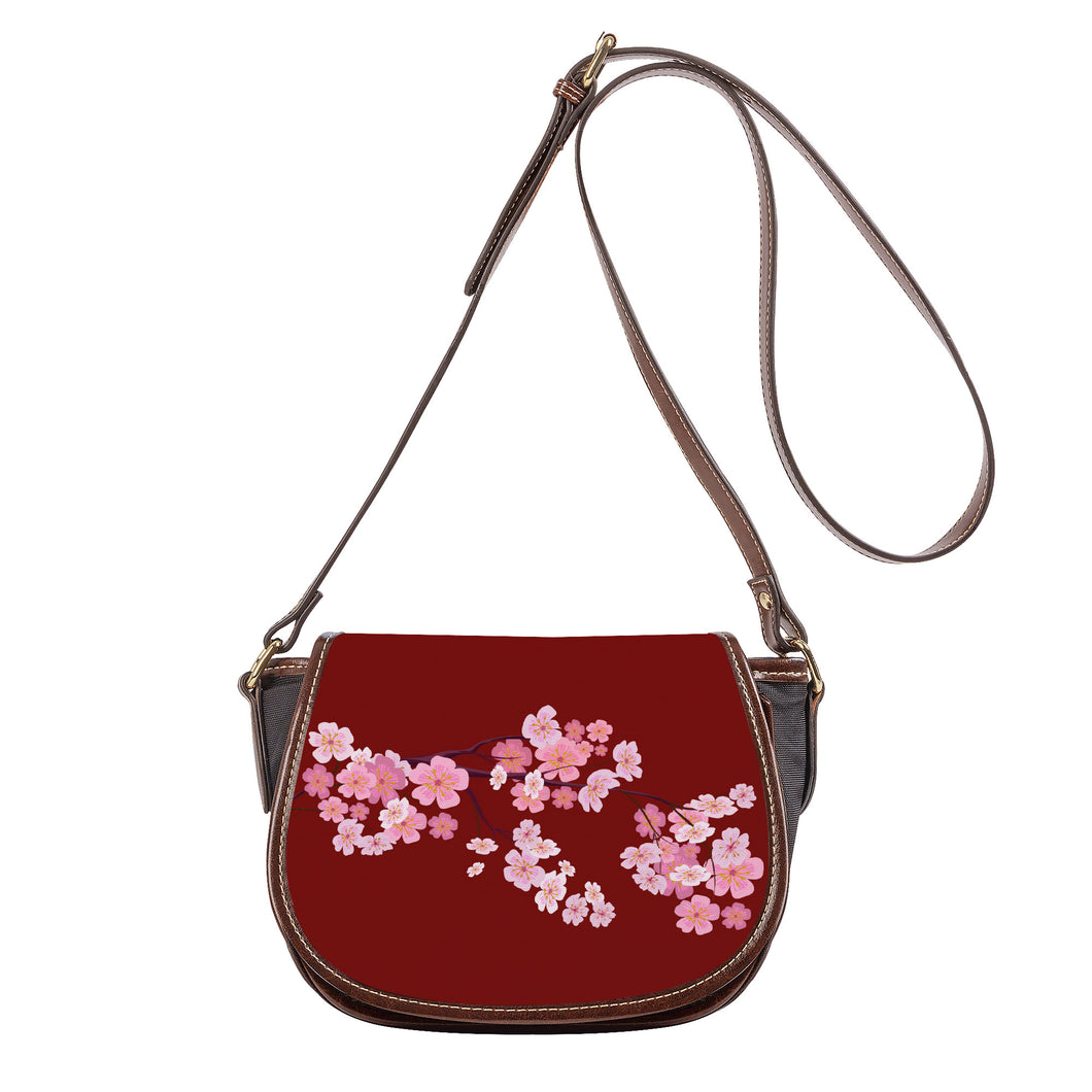 Ti Amo I love you - Exclusive Brand - Dark Burgundy - Pink Floral Branch - Saddle Bag