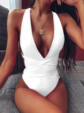 Load image into Gallery viewer, Halter Neck Deep V Tied One-Piece Swimsuit Ti Amo I love you
