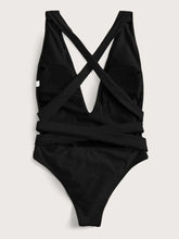 Load image into Gallery viewer, Halter Neck Deep V Tied One-Piece Swimsuit Ti Amo I love you
